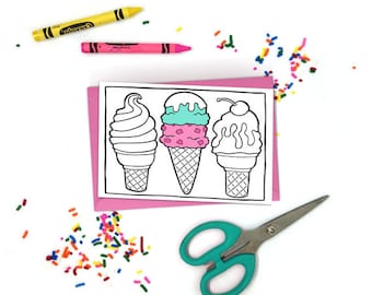 DIY Ice Cream Cone Printable Coloring Card - Ice Cream Social Party - Kawaii Food - Adult Coloring - Kids Colouring - Cute Activity