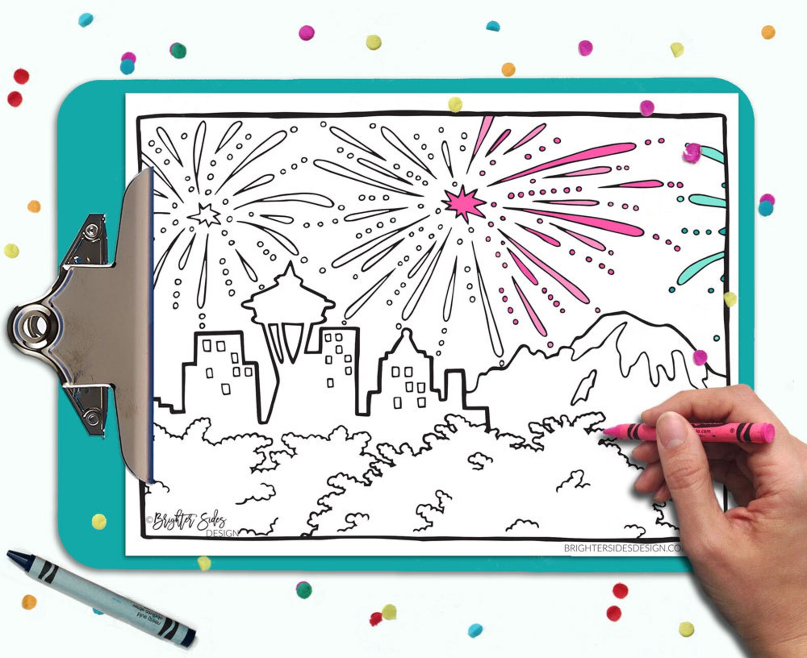 Seattle Skyline Printable Coloring Page Cityscape Fireworks 4th of July ...