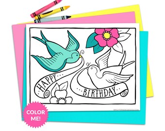 Birds Tattoo Flash Coloring Page, Kids Birthday, Adult Coloring Book Page, Printable Colouring Pages, Birthday Party Printables