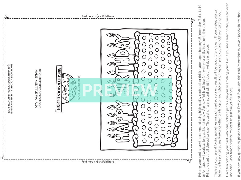 Cute Printable Birthday Cake Card, Adult Coloring, DIY Coloring for ...