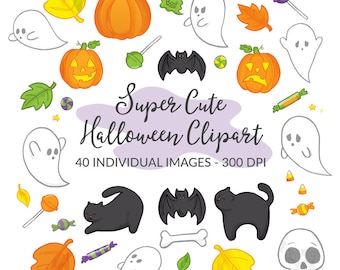 Halloween Clipart, Halloween Party Spooky Fall Clip Art, Ghost, Pumpkin, Jack-O-Lantern, Black Cat, Hand Drawn Cute Halloween, Kawaii