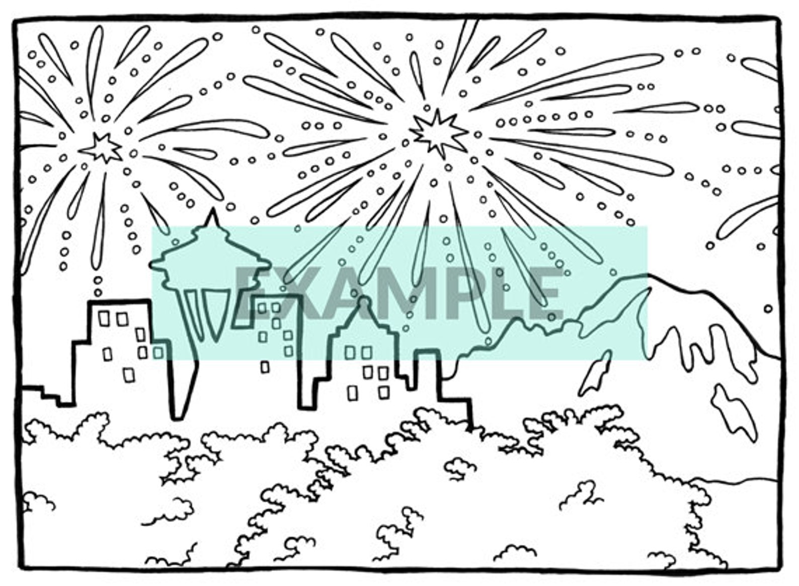 Seattle Skyline Printable Coloring Page Cityscape Fireworks 4th of July ...