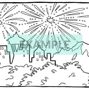Seattle Skyline Printable Coloring Page Cityscape Fireworks 4th of July ...