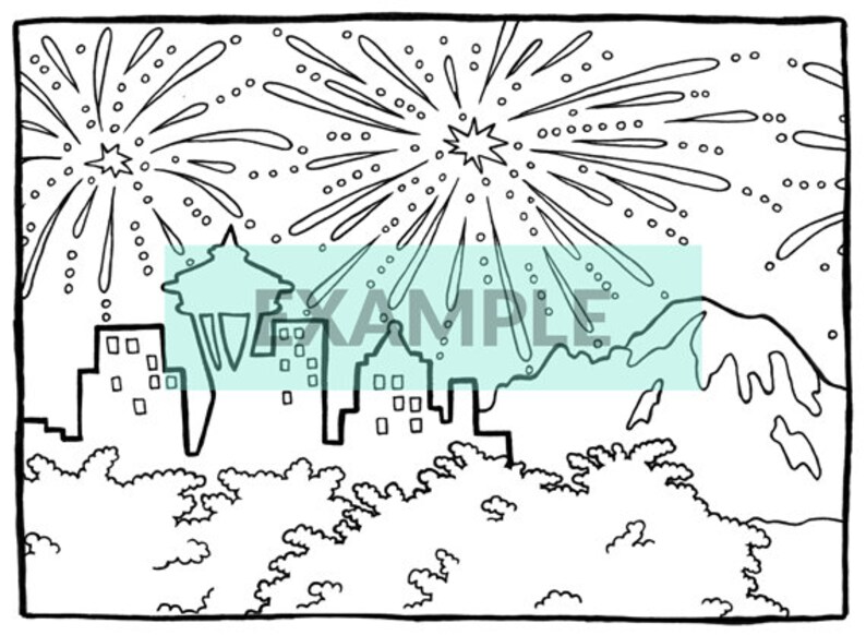 Seattle Skyline Printable Coloring Page Cityscape Fireworks 4th of July ...