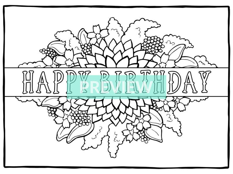 Birthday Flowers Coloring Page, Kids Birthday, Adult Coloring Book Page ...