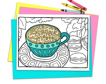 Mother's Day Coloring Page, Printable Mothers Day Coloring Book Pages, Coloring page for kids, Coffee and Macaron Illustration For Mom