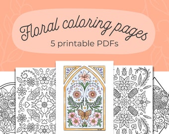 Floral Botanical Coloring Pages, printable digital flower folk art, adult coloring moth and isopod mandalas