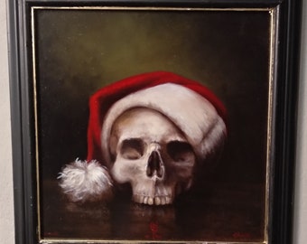 merrie xmas dipinto, paint, oil on wood arredamento natura morta still life teschio vanitas skull