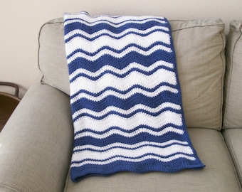 Crochet Baby Blanket, Blue and White Baby Afghan, Chevron Afghan, Baby Boy Blanket