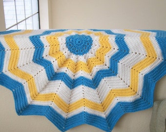 Blue, Yellow and White Baby Afghan, Crocheted Round Baby Blanket, Blue and Yellow Nursery