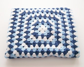 Crocheted Baby Blanket, Baby Boy Afghan, Blue and White Baby Afghan