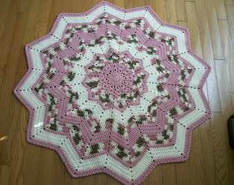 Crocheted Baby Girl Afghan, Round Ripple Baby Blanket, Pink Cream and Brown Baby Afghan