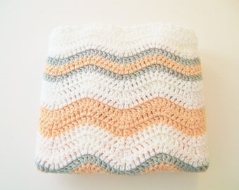 Peach Baby Afghan, Baby Ripple Blanket, Peach and Gray Nursery, Chevron Afghan