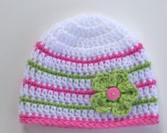 Baby Girl Hat, 3 to 6 Months Hat, Baby Beanie, Pink, Green and White Hat