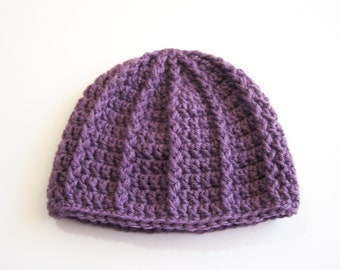 Purple Baby Hat, Crochet Infant Hat, Ribbed Baby Girl Beanie