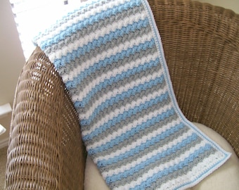 Baby Boy Afghan, Baby Blanket, Blue, Gray and White Nursery, Crochet Baby Afghan, Baby Shower Gift, Ready to Ship