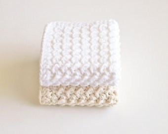 Crochet Washcloths, Crocheted Dishcloths, Natural and White Spa Cloths