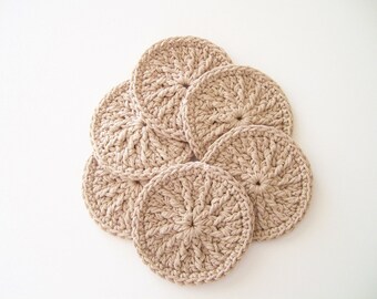 Crochet Scrubbies, Khaki Cotton Face Scrubbies - Set of 6, Reusable Face Pads, Mini Washcloths