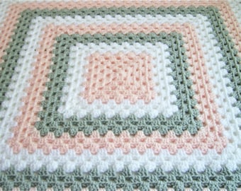 Baby Girl Afghan, Pink Gray and White Toddler Blanket, Granny Square Afghan, Crochet Baby Blanket