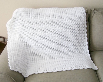 White Baby Blanket, Baby Boy Afghan, Baby Girl Afghan, Crocheted Baby Blanket