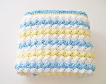 Crochet Baby Blanket, Blue Yellow and White Baby Afghan, Baby Gift