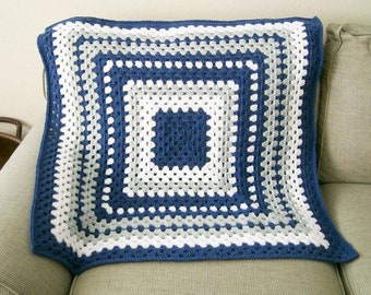 Crocheted Baby Blanket, Blue Gray and White Square Afghan, Baby Boy Blanket, Ready to Ship