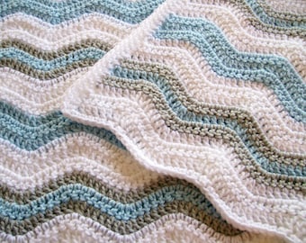 Baby Blanket, Baby Boy Ripple Afghan, Toddler Boy Blanket -  Blue, Gray and White Afghan