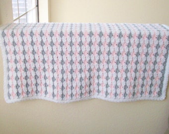 Crochet Baby Blanket, Gray, Pink and White Afghan, Baby Girl Afghan, Baby Shower Gift