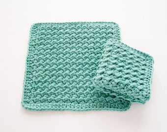 Aqua Crochet Washcloths, Crocheted Dishcloths, Aqua Spa Cloths - Set of Two (2)