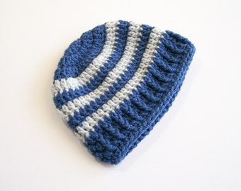 Crochet Blue and Gray Hat, Baby Boy Beanie, Infant Hat