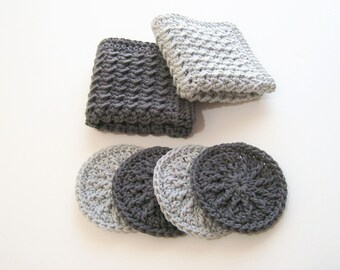 Crochet Washcloths and Scrubbies Set, Gray Cotton Washcloths or Dishcloths