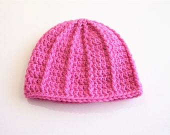 Bright Pink Baby Hat, Crochet Infant Hat, Ribbed Baby Girl Beanie