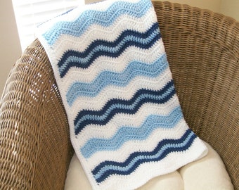 Baby Boy Blanket, Blue and White Afghan, Chevron Baby Afghan, Toddler Blanket