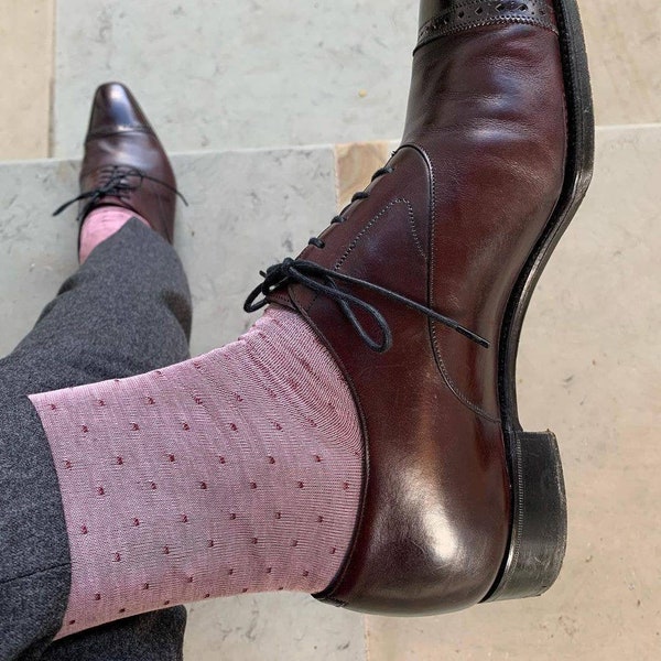 Pink Burgundy Pin Dots Over The Calf Cotton Lisle Casual Dress Socks