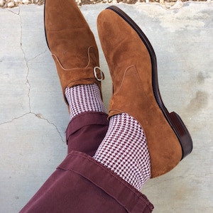 Mens Socks - Houndstooth Socks - Gift For Dad - Gift for Husband - Over The Calf  Socks-Mid Calf Socks - Burgundy Cotton Socks