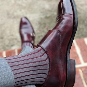 Mens Cotton Socks | Gray Cotton Socks | Shadow Striped Socks | Burgundy Socks | Luxury Cotton Socks | Over The Calf Socks |