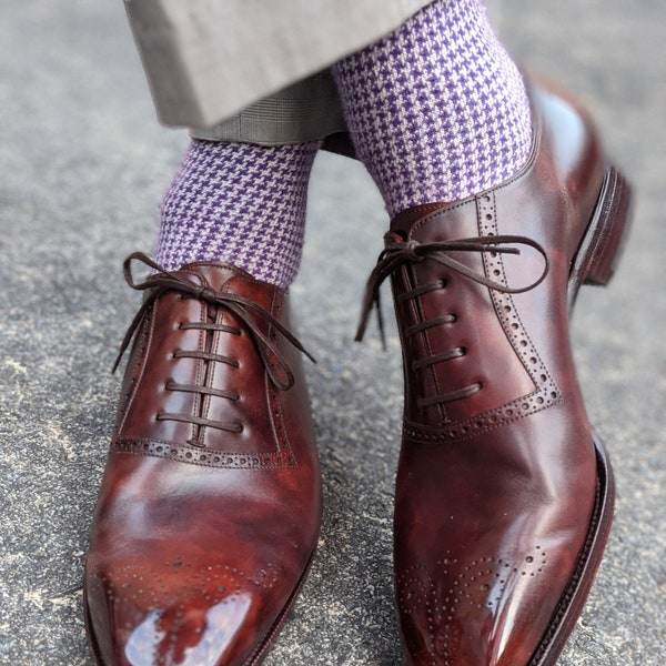 Purple White Houndstooth Over The Calf Wool Silk Socks