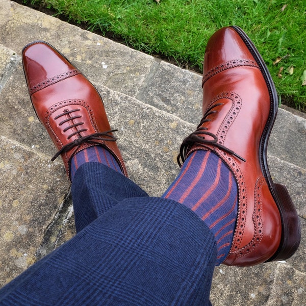 Dress Socks | Navy Blue Cotton Socks | Shadow Striped | Over The Calf Socks | Gift for Dad | Luxury cotton socks