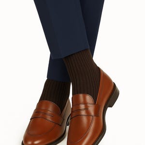 Brown Ribbed Cotton Mens Socks: Over/Mid Calf Dress Socks