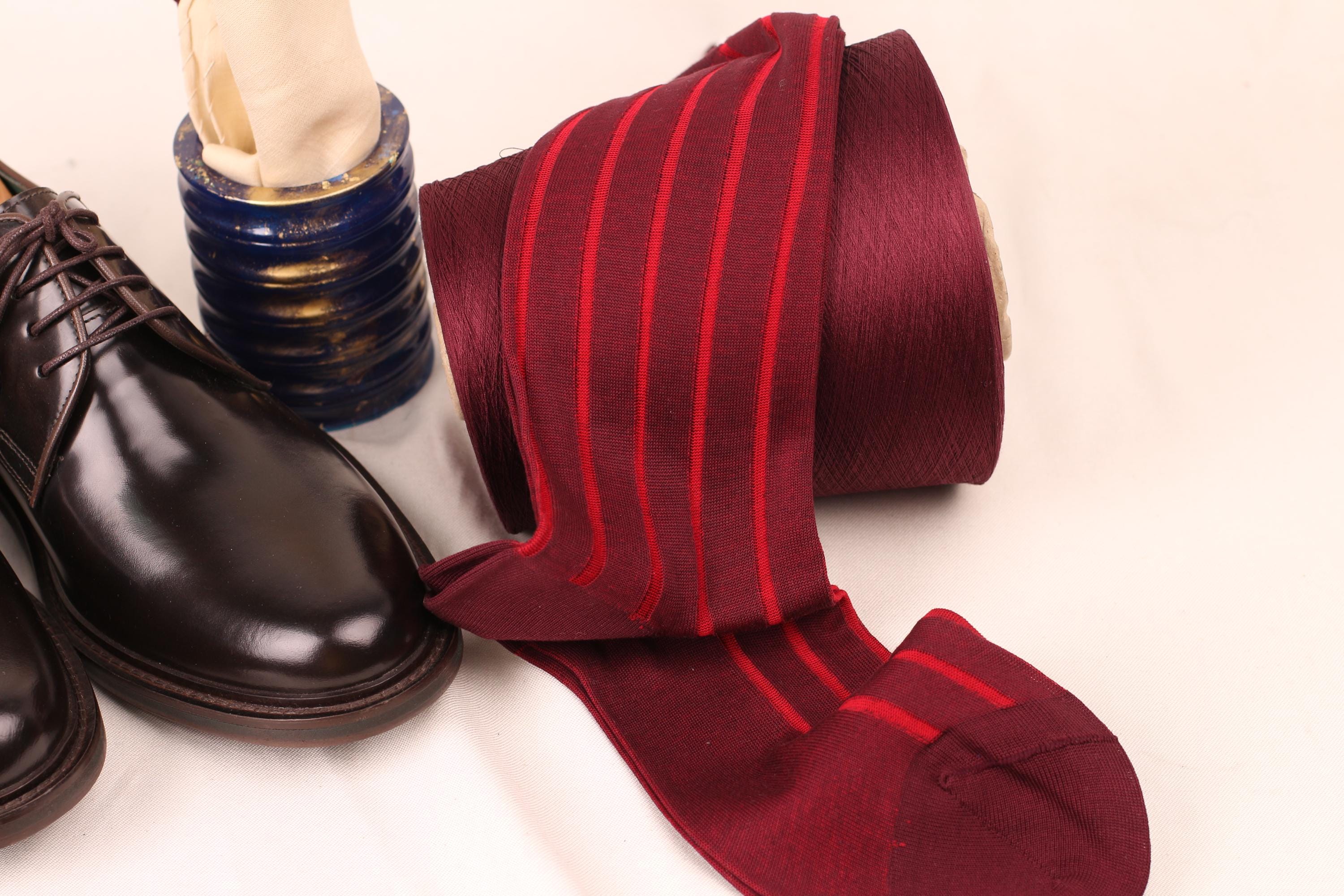 Mens Burgundy Dress Socks: Shadow Stripe Cotton Blend