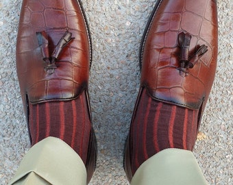 Mens Brown Shadow Stripe Cotton Dress Socks - Over The Calf