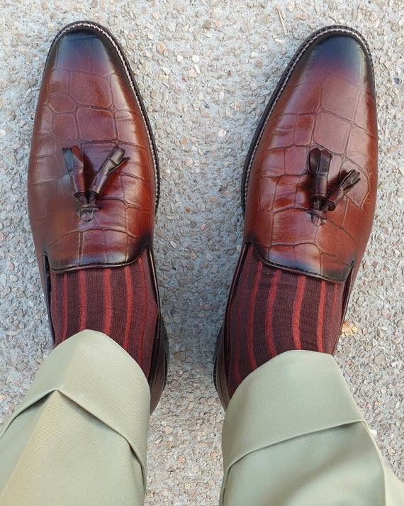 Mens Brown Shadow Stripe Cotton Dress Socks - Over The Calf