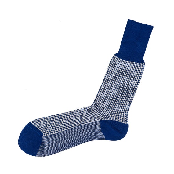 Mens Blue Houndstooth Cotton Dress Socks - Mid/Over Calf Mens Blue Houndstooth Cotton Dress Socks - Mid/Over Calf