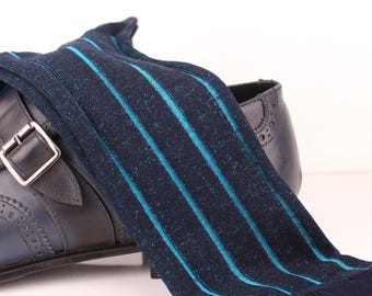 New! Navy Blue Shadow Cotton Over The Calf Men&#39;s Socks 1 Pairs