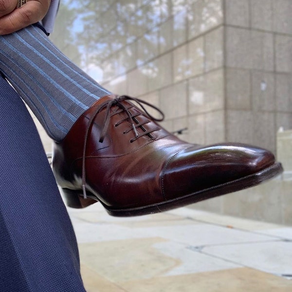 Gray Cotton Socks |  Men Over The Calf | Shadow Stripe | Dress Socks | Gift for dad |Gift For Husband | Gray Sky Blue  |