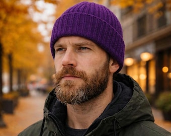 Hand-Knitted Purple Merino Wool Beanie - Men's Fisherman Hat