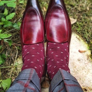 May include: A pair of burgundy leather loafers with a pointed toe. The loafers are worn with burgundy socks that have a white polka dot pattern. The socks are pulled up to the calf and are visible above the top of the loafers.