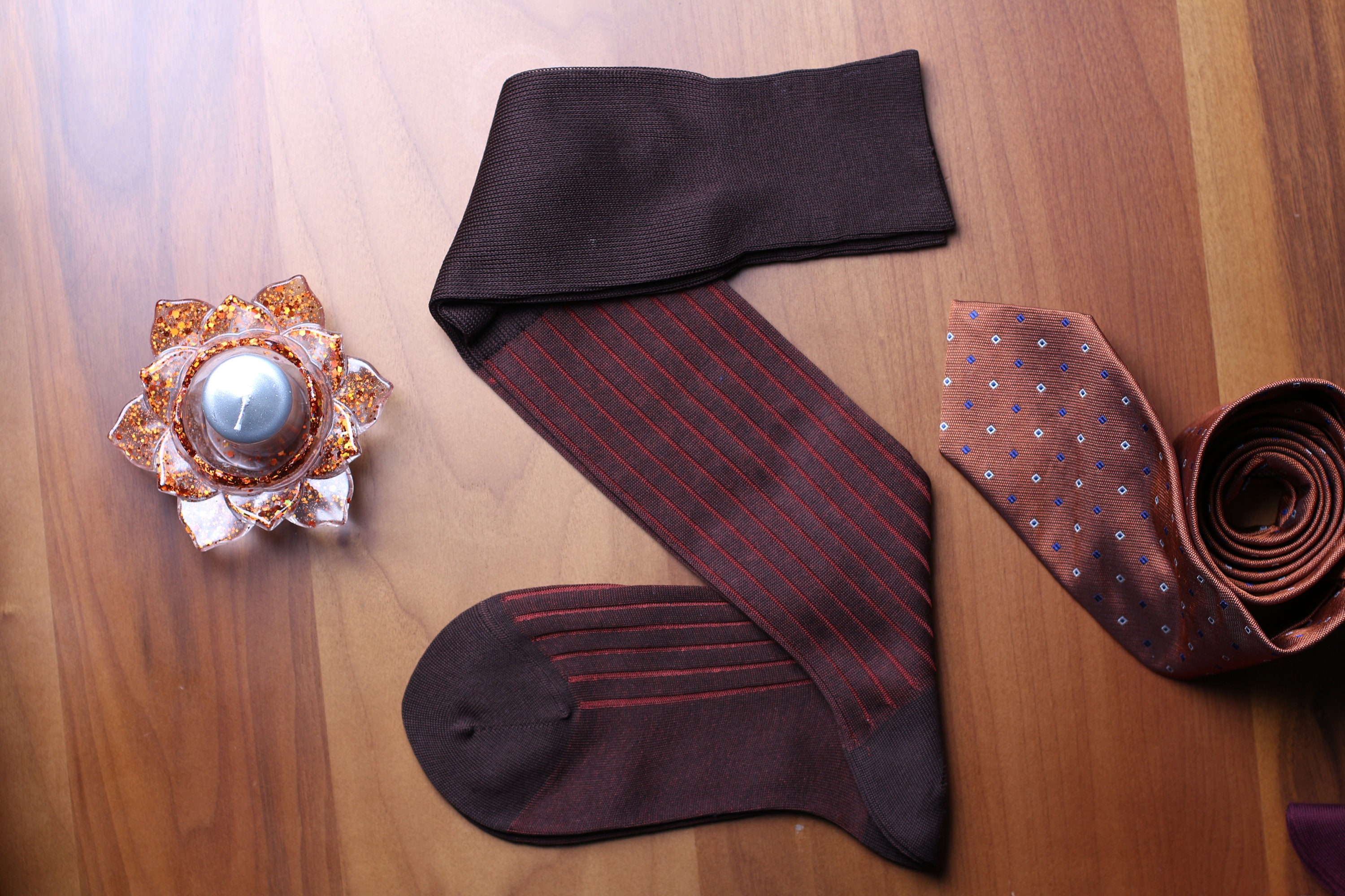 Mens Brown Shadow Stripe Cotton Dress Socks - Over The Calf