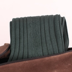 Pode incluir: Um par de meias verde-escuras caneladas, parcialmente enfiadas em um sapato de couro marrom.