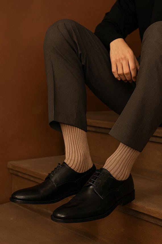 Beige Cotton Dress Socks: Ribbed Mid-Calf Socks Beige Cotton Dress Socks: Ribbed Mid-Calf Socks
